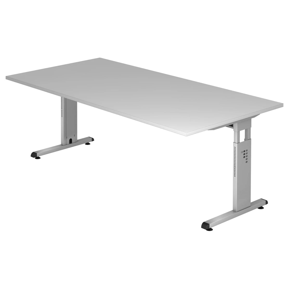 Scrivania regolabile in altezza MEGA 2E S in grigio e argento con due basi a T di hjh OFFICE PRO