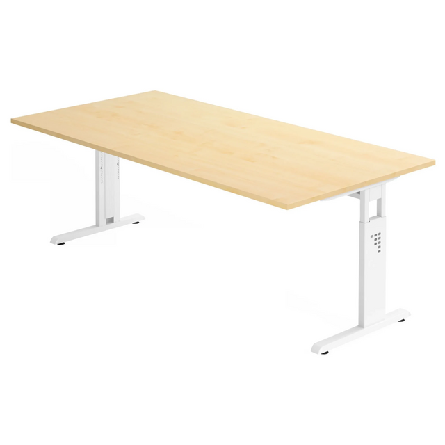 Scrivania regolabile in altezza MEGA 2E W in aspetto acero con struttura bianca di hjh OFFICE PRO