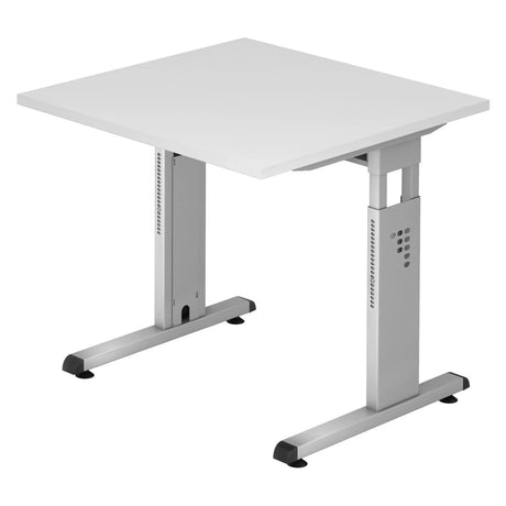 Scrivania regolabile in altezza MEGA 8 S con piano bianco e struttura argento di hjh OFFICE PRO