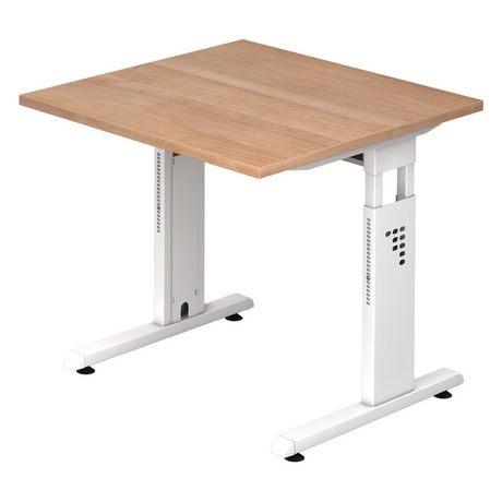 Scrivania regolabile in altezza MEGA 8 W con piano in noce e struttura bianca di hjh OFFICE PRO
