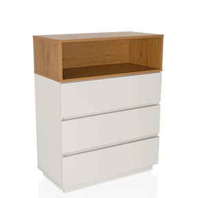 Cassettiera MELMO K in bianco e rovere con tre cassetti e un vano aperto di hjh LIVING