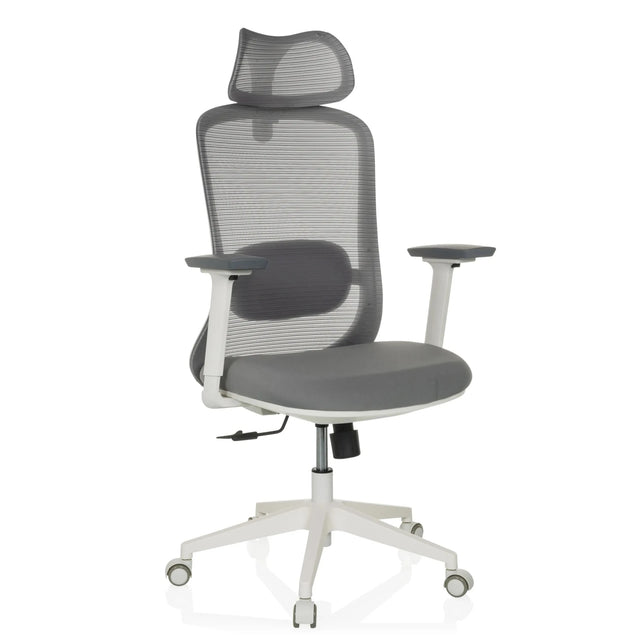 Sedia da ufficio professionale MIKEO G in grigio con schienale in rete e base bianca di hjh OFFICE