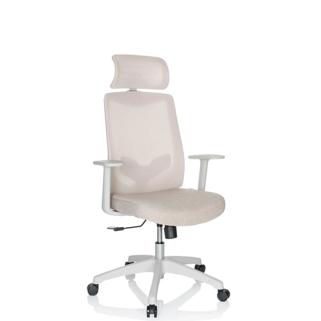 Sedia Home Office MIKEO W in tessuto beige con poggiatesta e braccioli bianchi di hjh OFFICE
