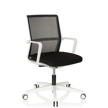 Sedia da ufficio professionale MOVE-TEC NET 3D W in bianco e nero con schienale in rete e base a rotelle di hjh OFFICE