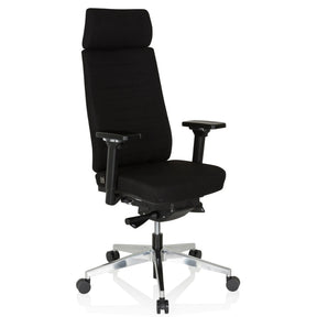 Sedia da ufficio professionale MOVE-TEC PRO 3D con rivestimento in tessuto nero, poggiatesta e base argentata di hjh OFFICE
