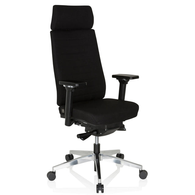 Sedia da ufficio professionale MOVE-TEC PRO 3D con rivestimento in tessuto nero, poggiatesta e base argentata di hjh OFFICE