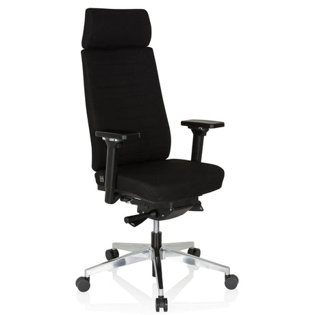Sedia da ufficio professionale MOVE-TEC PRO 3D con rivestimento in tessuto nero, poggiatesta e base argentata di hjh OFFICE