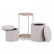 Tavolino Nestup 1 in bianco e rovere con sgabello integrato rivestito in tessuto beige di hjh LIVING