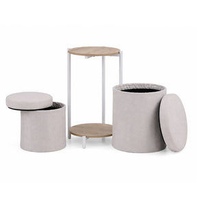 Tavolino Nestup 1 in bianco e rovere con sgabello integrato rivestito in tessuto beige di hjh LIVING
