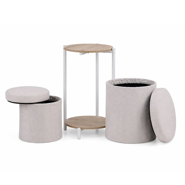 Tavolino Nestup 1 in bianco e rovere con sgabello integrato rivestito in tessuto beige di hjh LIVING