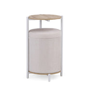 Tavolino Nestup 1 in bianco e rovere con sgabello integrato rivestito in tessuto beige di hjh LIVING