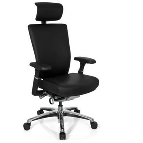 Sedia da ufficio professionale NOVA con rivestimento in pelle nera, poggiatesta e base cromata di hjh OFFICE
