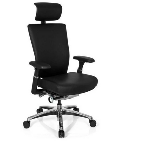 Sedia da ufficio professionale NOVA con rivestimento in pelle nera, poggiatesta e base cromata di hjh OFFICE