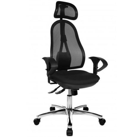Poltrona professionale OPEN POINT SY SOMO color antracite con schienale in rete, poggiatesta e base cromata di Topstar