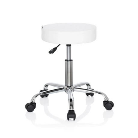 Sgabello girevole bianco OPERATOR II con struttura in metallo lucido e cinque ruote di hjh OFFICE