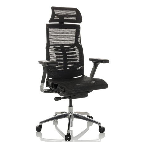 High-end Sedia da ufficio POFIT GEN2 con rivestimento in rete nera e base cromata di hjh OFFICE
