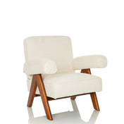 Poltrona Lounge POOLY bianca con rivestimento in tessuto strutturato e gambe in legno marrone di hjh LIVING