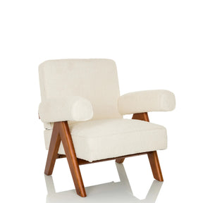 Poltrona Lounge POOLY bianca con rivestimento in tessuto strutturato e gambe in legno marrone di hjh LIVING