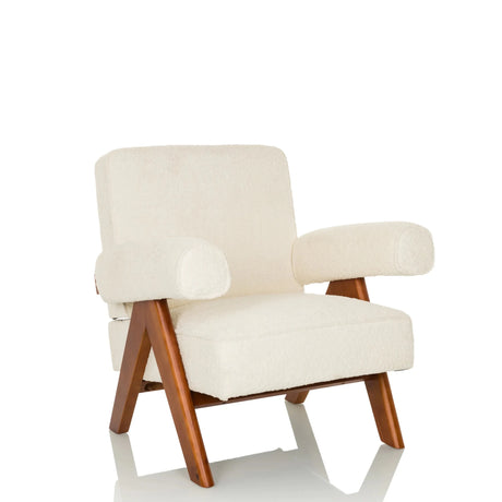Poltrona Lounge POOLY bianca con rivestimento in tessuto strutturato e gambe in legno marrone di hjh LIVING