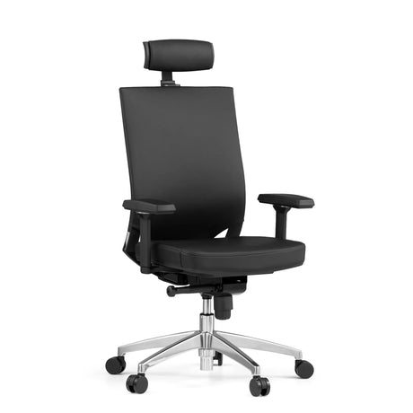 Sedia da ufficio professionale PORTO MAX HIGH in pelle nera con poggiatesta e base cromata di hjh OFFICE