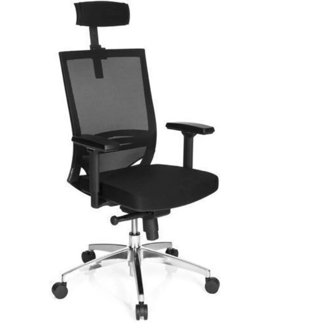 Sedia da ufficio professionale PORTO MAX HIGH con rivestimento in rete nera, poggiatesta e base argentata di hjh OFFICE