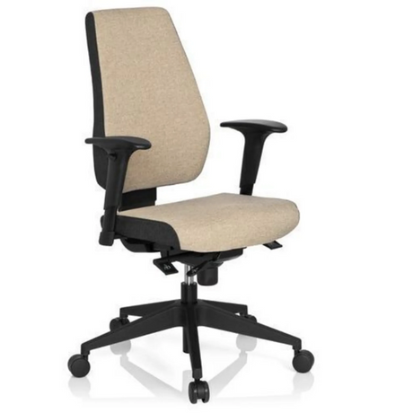 Sedia da ufficio professionale PRO-TEC 500 con rivestimento in tessuto beige, braccioli neri e base a stella con ruote di hjh OFFICE