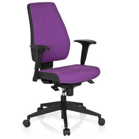 Sedia da ufficio professionale PRO-TEC 500 con rivestimento in tessuto viola, braccioli neri e base a stella con ruote di hjh OFFICE
