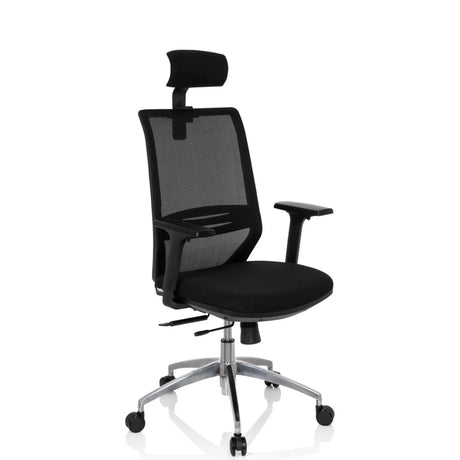 Sedia da ufficio professionale PROFONDO PRO in nero con schienale in rete, poggiatesta e base argento di hjh OFFICE