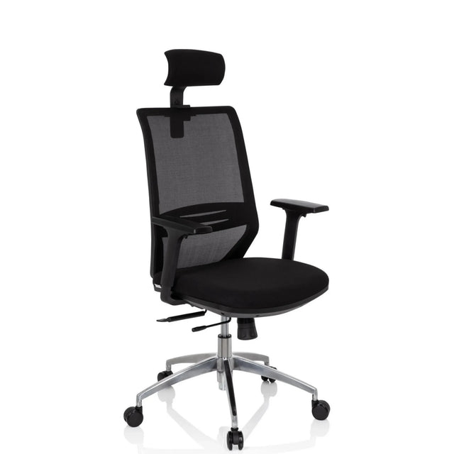 Sedia da ufficio professionale PROFONDO PRO in nero con schienale in rete, poggiatesta e base argento di hjh OFFICE