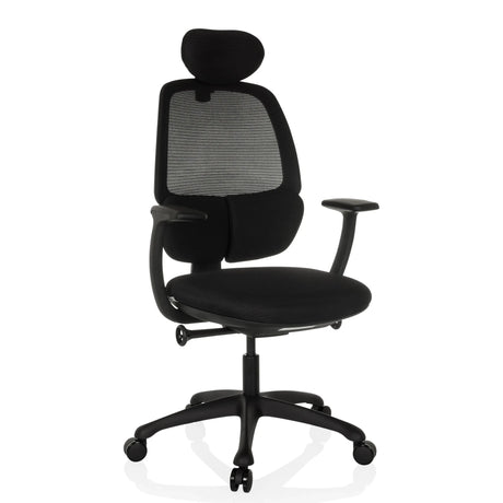 Sedia da ufficio professionale RI-COVER in nero con schienale in rete, poggiatesta e braccioli di hjh OFFICE