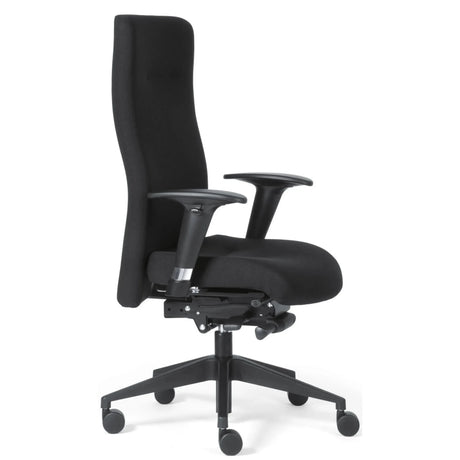 Poltrona di lusso ROVO XP con rivestimento in tessuto nero, braccioli e base a ruote di Rovo Chair