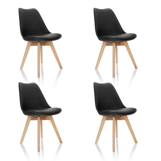 Quattro sedie a conchiglia SCANDI 4 nere con gambe in legno chiaro di hjh OFFICE