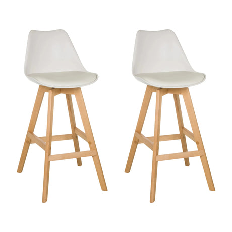 Due sgabelli da bar SCANDI HIGH bianchi con gambe in legno chiaro e poggiapiedi integrato di hjh LIVING