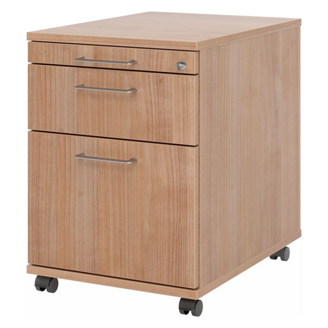 Cassettiera con rotelle SIGNA AC20 in effetto noce con tre cassetti e maniglie a ponte in metallo di hjh OFFICE PRO