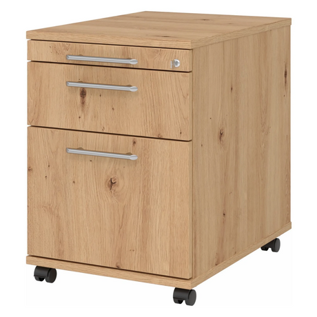 Cassettiera con rotelle SIGNA AC20 in aspetto rovere cenere con maniglie a binario argentate e ruote di hjh OFFICE PRO