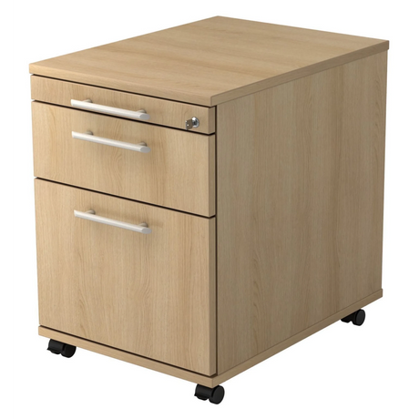 Cassettiera con rotelle SIGNA AC20 in effetto rovere con tre cassetti e maniglie a barra di hjh OFFICE PRO