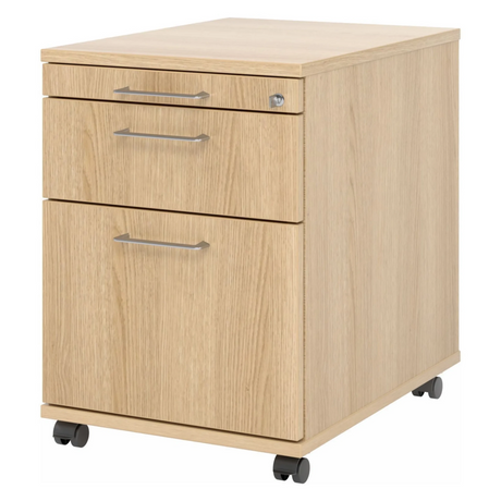 Cassettiera con rotelle SIGNA AC20 in effetto rovere con tre cassetti, maniglie in metallo e rotelle di hjh OFFICE PRO