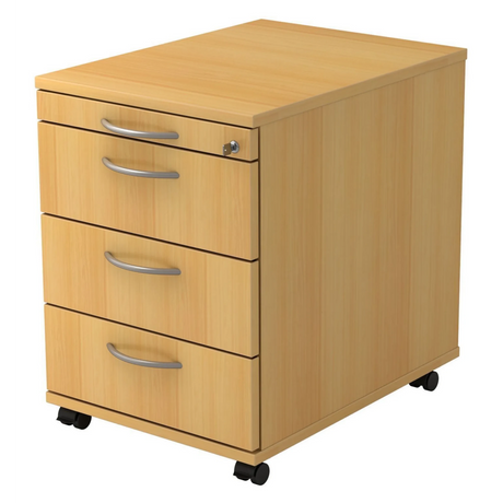 Cassettiera con rotelle SIGNA AC30 in effetto faggio con quattro cassetti, maniglie ad arco e rotelle di hjh OFFICE PRO