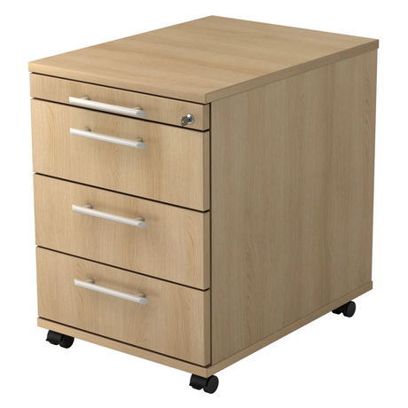 Cassettiera con rotelle SIGNA AC30 in aspetto rovere con quattro cassetti e maniglie a barra di hjh OFFICE PRO
