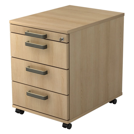 Cassettiera con rotelle SIGNA AC30 effetto rovere con quattro cassetti, maniglie a righe e ruote di hjh OFFICE PRO