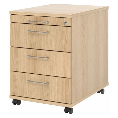 Cassettiera con rotelle SIGNA AC30 in effetto rovere con quattro cassetti e maniglie a ponte argentate di hjh OFFICE PRO