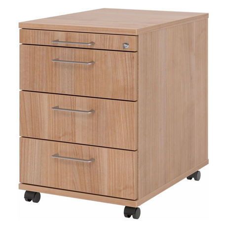 Cassettiera con rotelle SIGNA AC30 in aspetto noce con quattro cassetti e maniglie a ponte di hjh OFFICE PRO