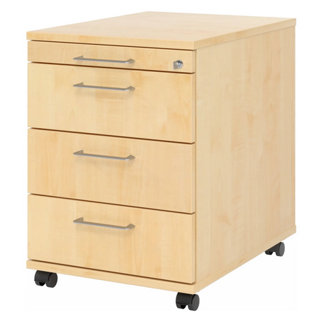 Cassettiera con rotelle SIGNA AC30 in legno d'acero chiaro con quattro cassetti e maniglie in metallo di hjh OFFICE PRO