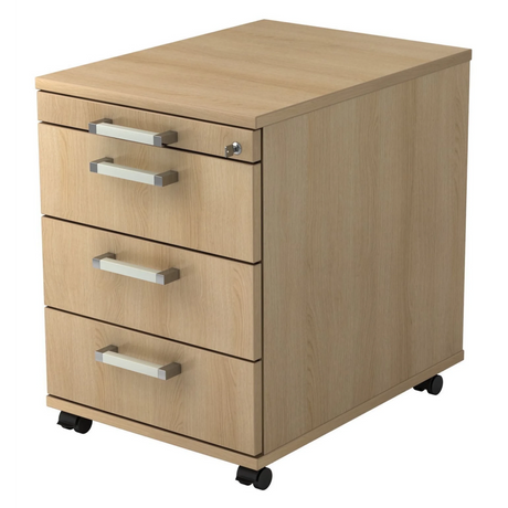 Cassettiera con rotelle SIGNA AC30 effetto rovere con quattro cassetti, maniglie cromate e ruote di hjh OFFICE PRO