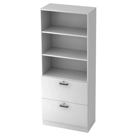 Scaffale bianco SIGNA G 7300 con tre scomparti aperti e due cassetti con maniglie a strisce di hjh OFFICE PRO