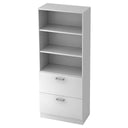 Scaffale bianco SIGNA G 7300 con tre scomparti aperti, due cassetti e maniglie cromate di hjh OFFICE PRO