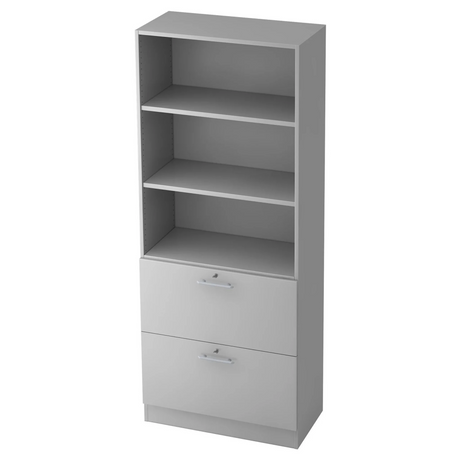 Scaffale grigio SIGNA G 7300 con tre ripiani aperti e due cassetti con maniglie a barra di hjh OFFICE PRO