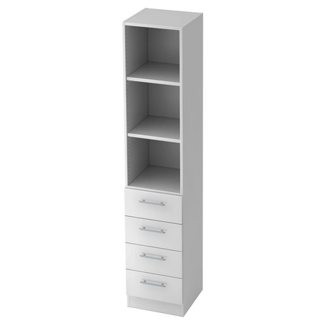 Scaffale bianco SIGNA G 7600 con tre scomparti aperti e quattro cassetti con maniglie a barra di hjh OFFICE PRO