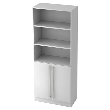 Scaffale bianco in plastica SIGNA G 7700 con tre scomparti aperti e un mobiletto con maniglie a barra di hjh OFFICE PRO
