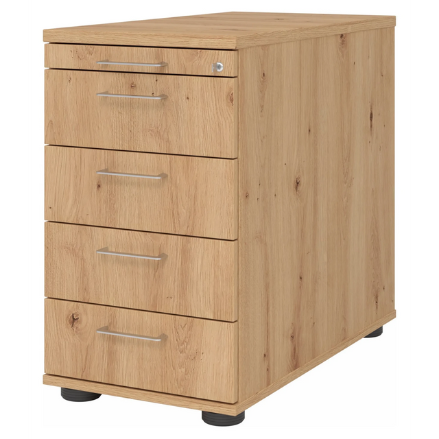 Cassettiera SIGNA SC50 in aspetto rovere frassino con cinque cassetti e maniglie a ponte argentate di hjh OFFICE PRO